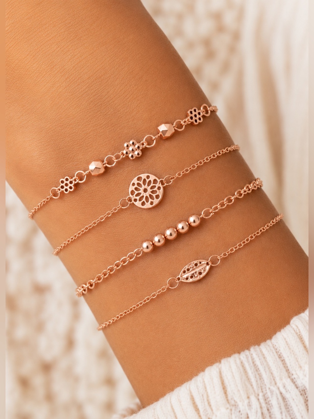 NEW - Arm Candy Trendy Elegant Stackable Rose Gold Bracelet Boho Chic 4PC Set